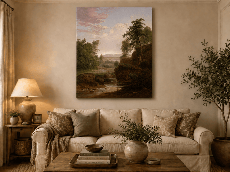Landscape Oil Painting - River, Rocky Banks, Lush Trees & Distant