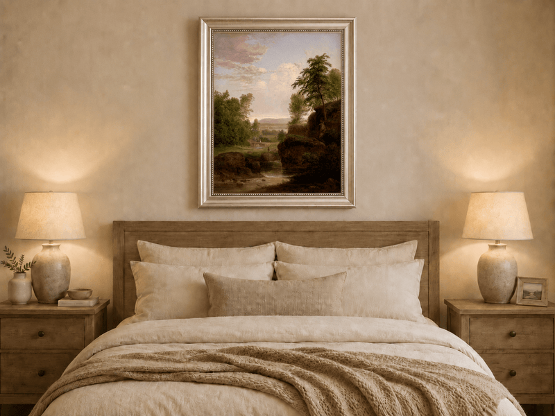 Landscape Oil Painting - River, Rocky Banks, Lush Trees & Distant