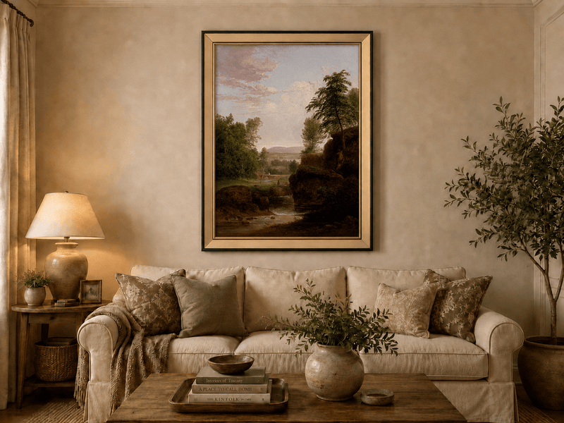 Landscape Oil Painting - River, Rocky Banks, Lush Trees & Distant