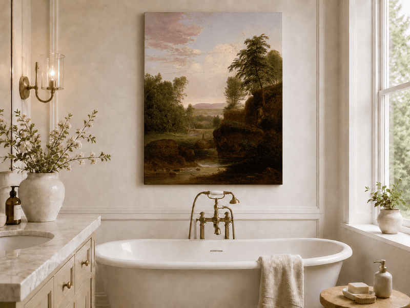 Landscape Oil Painting - River, Rocky Banks, Lush Trees & Distant