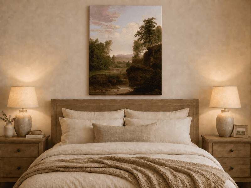 Landscape Oil Painting - River, Rocky Banks, Lush Trees & Distant
