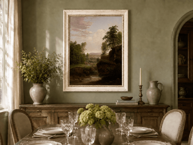 Landscape Oil Painting - River, Rocky Banks, Lush Trees & Distant