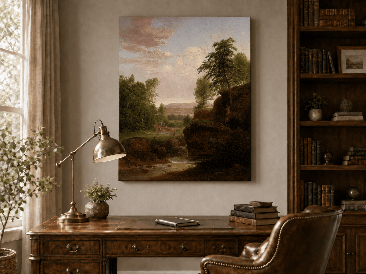 Landscape Oil Painting - River, Rocky Banks, Lush Trees & Distant