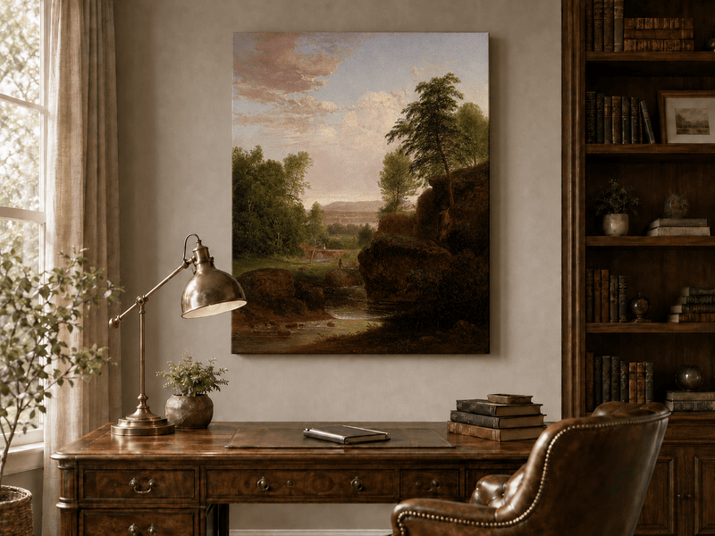 Landscape Oil Painting - River, Rocky Banks, Lush Trees & Distant