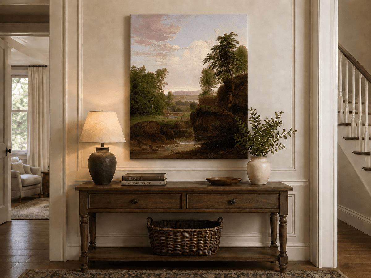 Landscape Oil Painting - River, Rocky Banks, Lush Trees & Distant