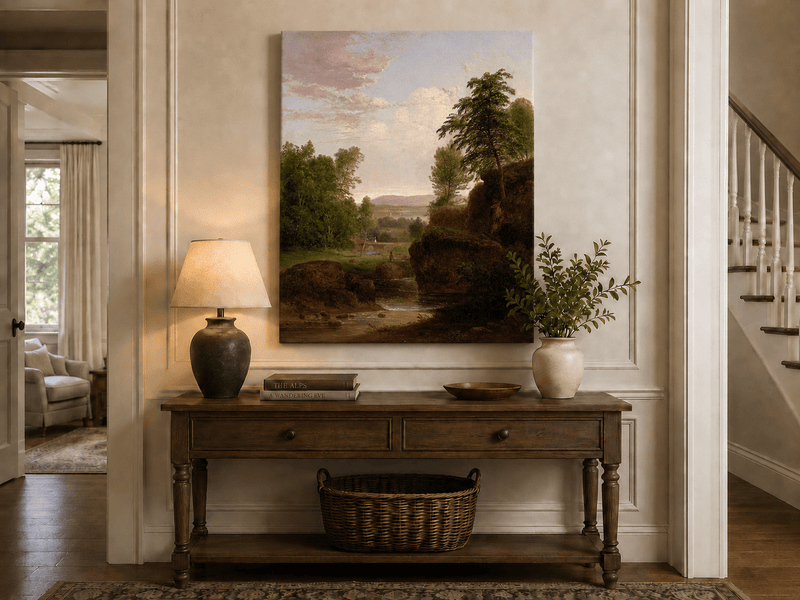 Landscape Oil Painting - River, Rocky Banks, Lush Trees & Distant