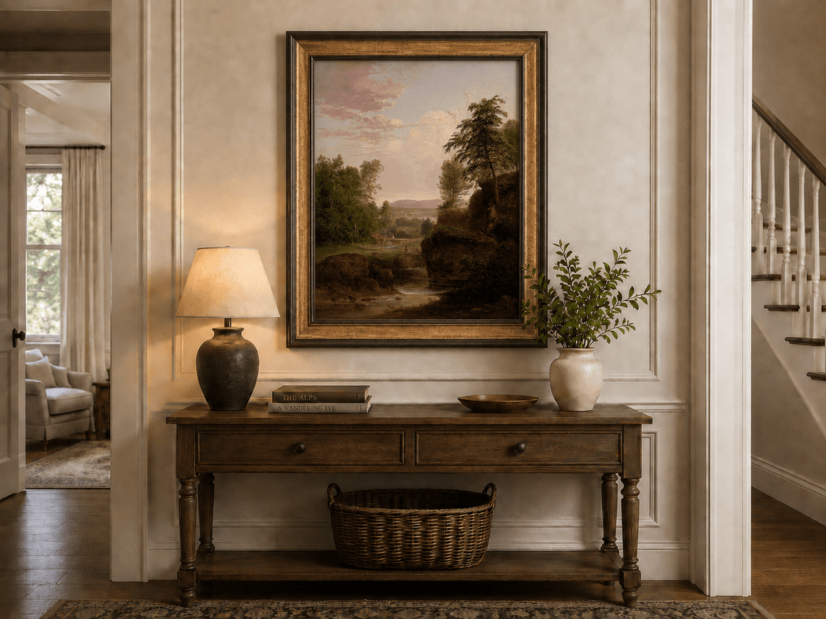 Landscape Oil Painting - River, Rocky Banks, Lush Trees & Distant