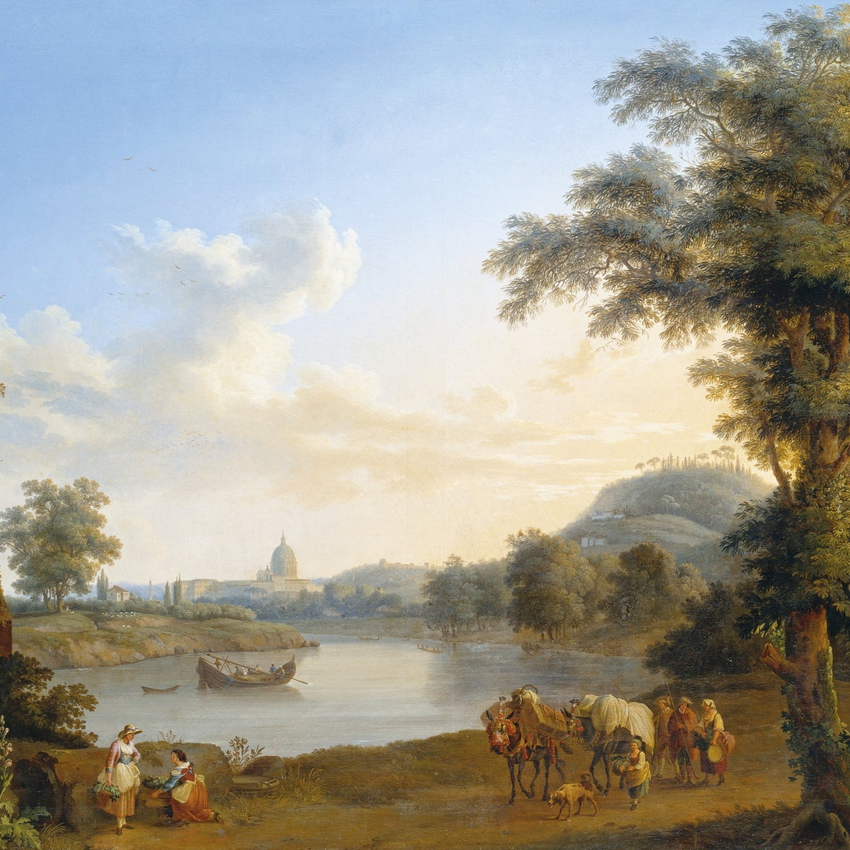 Landscape Oil Painting - River, Roman City View & Traveler Group - Oil Painting Haven