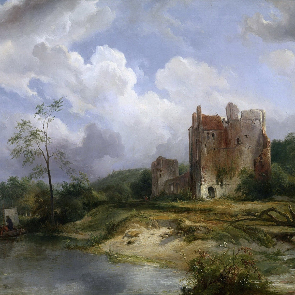 Hand-painted river ruins and castle scene landscape oil painting on canvas