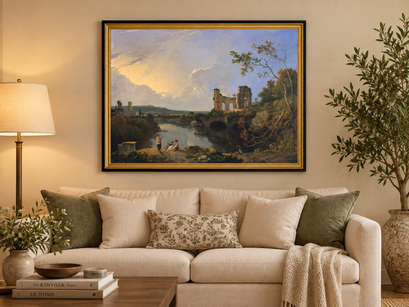 Hand-painted River Ruins at Golden Evening landscape oil painting displayed as wall art in a styled interior