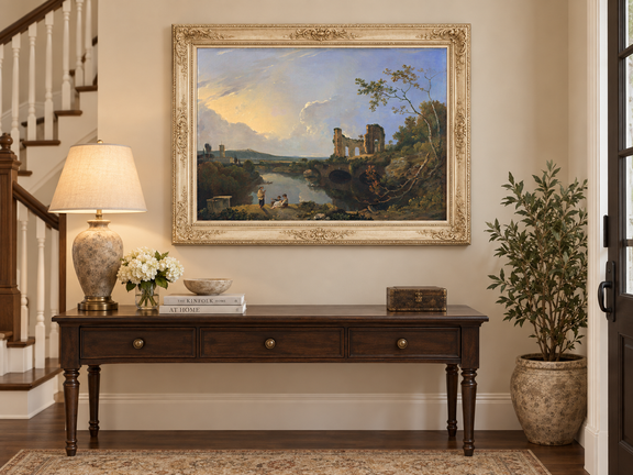 Hand-painted River Ruins at Golden Evening landscape oil painting displayed as wall art in a styled interior