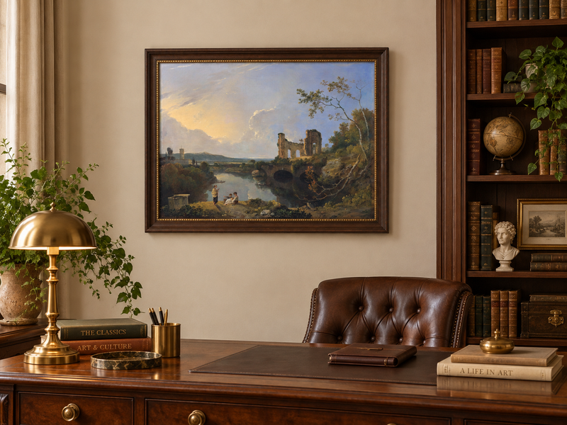 Hand-painted River Ruins at Golden Evening landscape oil painting displayed as wall art in a styled interior