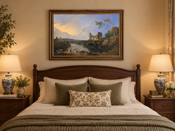 Hand-painted River Ruins at Golden Evening landscape oil painting displayed as wall art in a styled interior