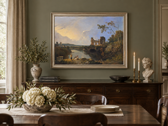 Hand-painted River Ruins at Golden Evening landscape oil painting displayed as wall art in a styled interior