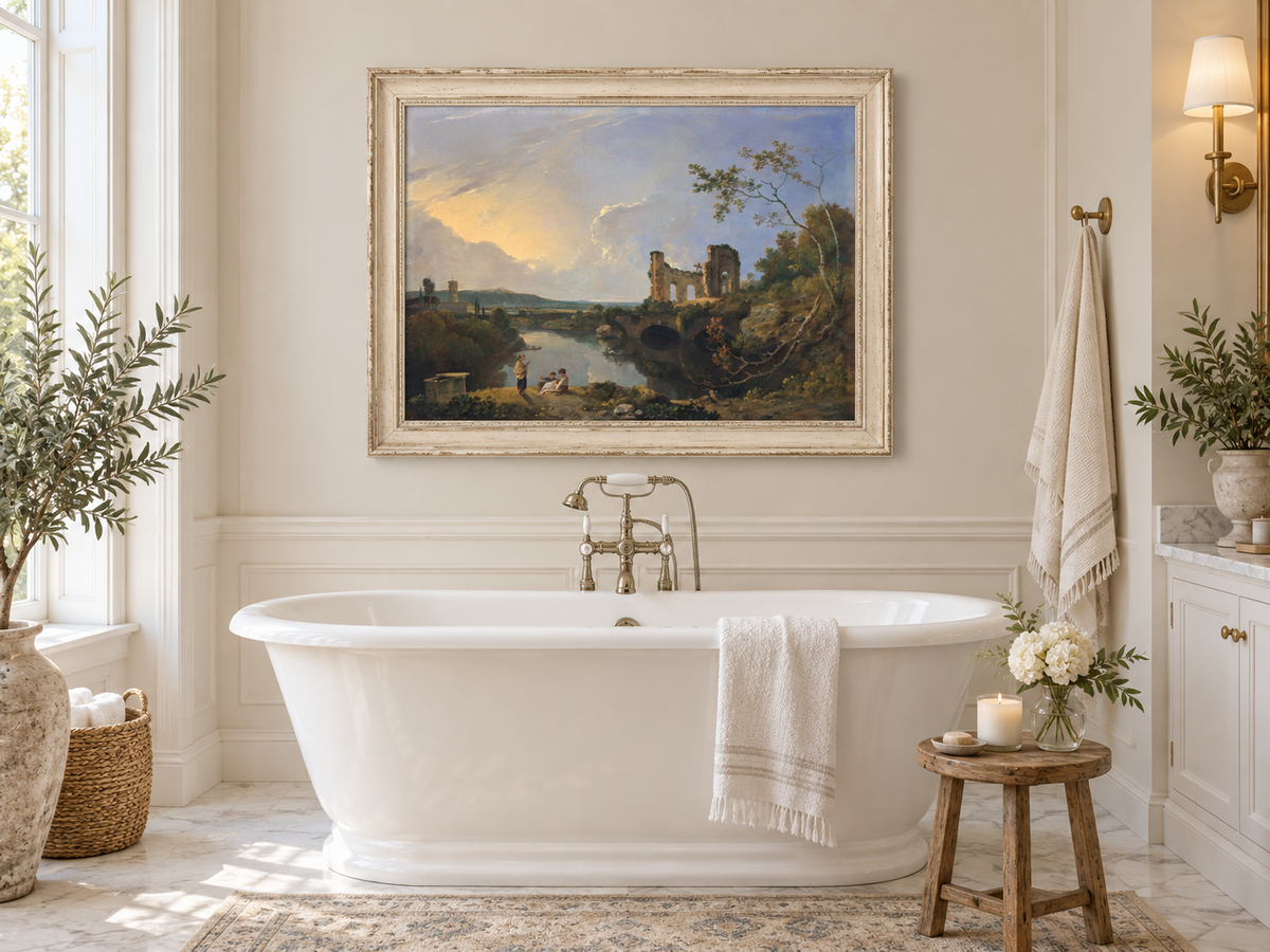 Hand-painted River Ruins at Golden Evening landscape oil painting displayed as wall art in a styled interior