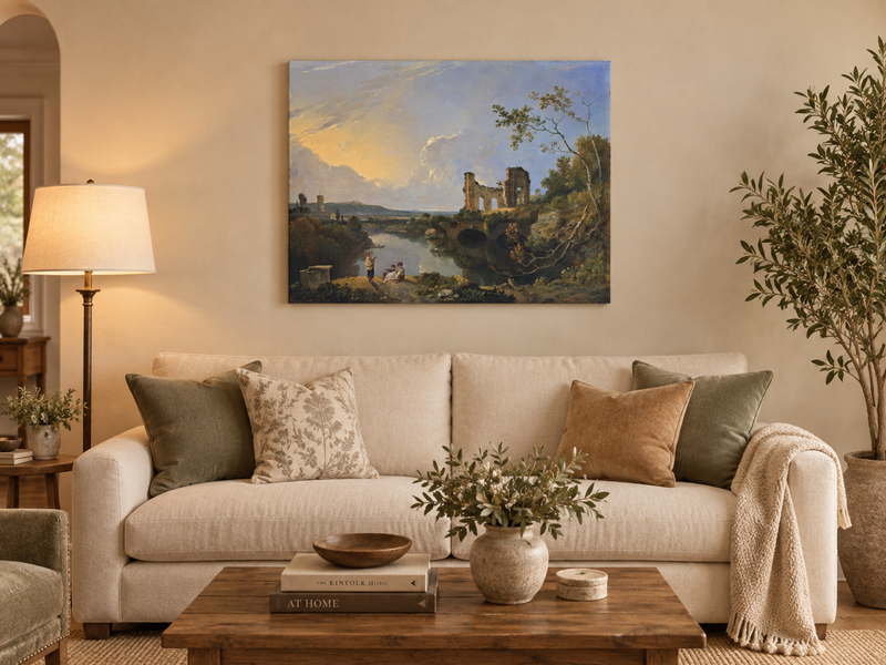 Hand-painted River Ruins at Golden Evening landscape oil painting displayed as wall art in a styled interior