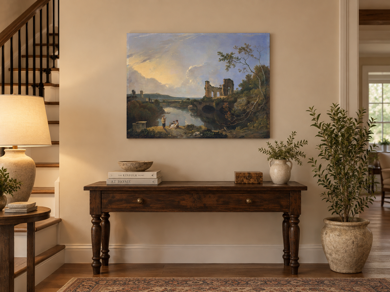 Hand-painted River Ruins at Golden Evening landscape oil painting displayed as wall art in a styled interior