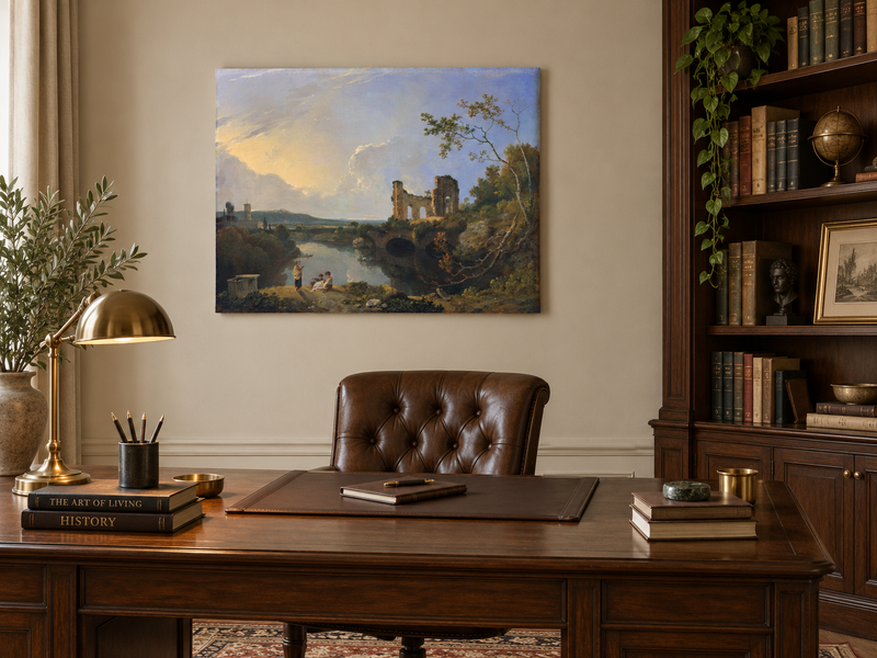 Hand-painted River Ruins at Golden Evening landscape oil painting displayed as wall art in a styled interior