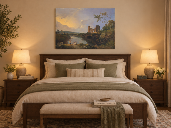 Hand-painted River Ruins at Golden Evening landscape oil painting displayed as wall art in a styled interior