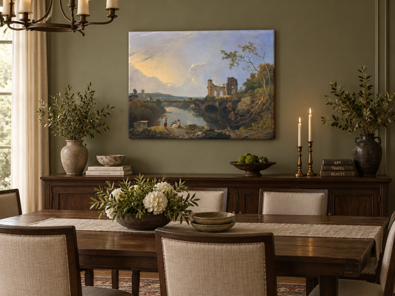 Hand-painted River Ruins at Golden Evening landscape oil painting displayed as wall art in a styled interior