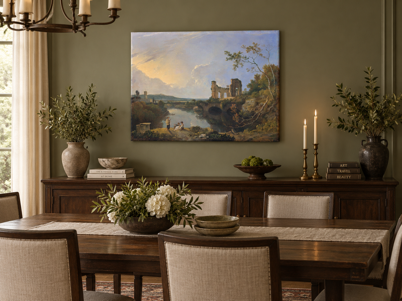 Hand-painted River Ruins at Golden Evening landscape oil painting displayed as wall art in a styled interior
