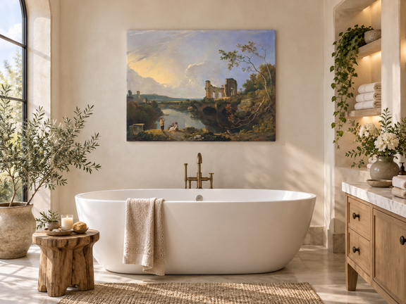 Hand-painted River Ruins at Golden Evening landscape oil painting displayed as wall art in a styled interior