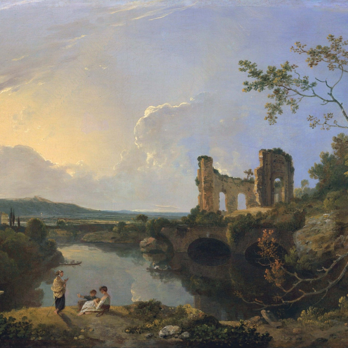 Landscape Oil Painting - River Ruins at Golden Evening