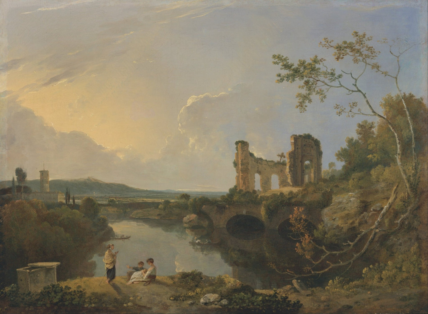Landscape Oil Painting - River Ruins at Golden Evening - Oil Painting Haven