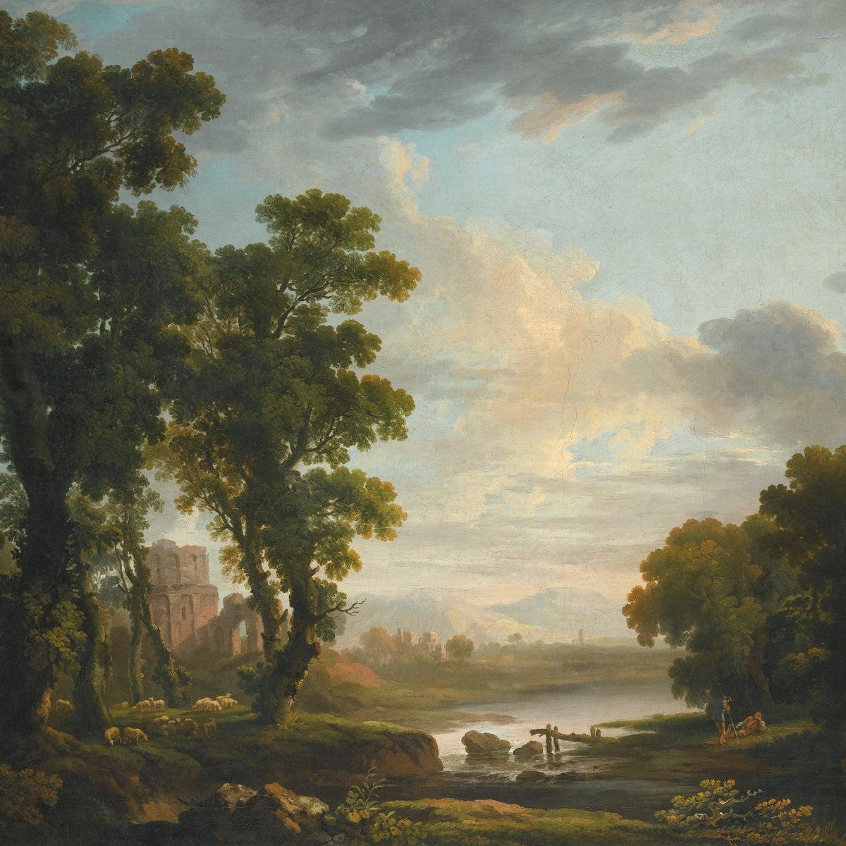 Hand-painted river ruins, sheep and tall trees landscape oil painting on canvas