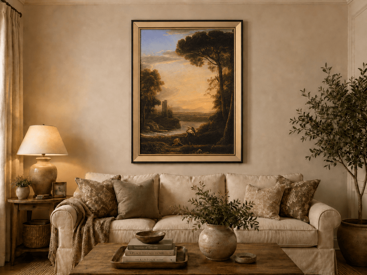 Peinture à l'huile de paysage - Scène de rivière avec figure angélique