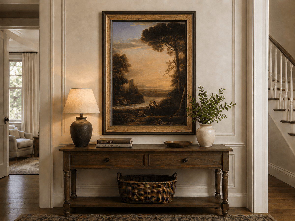 Peinture à l'huile de paysage - Scène de rivière avec figure angélique