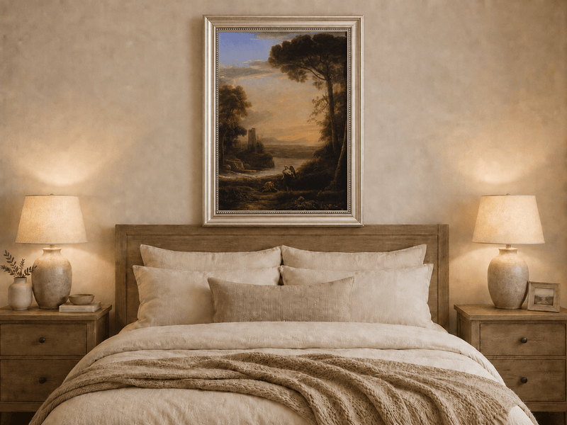 Peinture à l'huile de paysage - Scène de rivière avec figure angélique