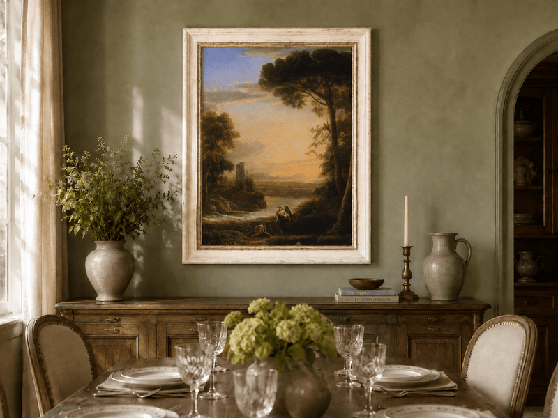 Peinture à l'huile de paysage - Scène de rivière avec figure angélique