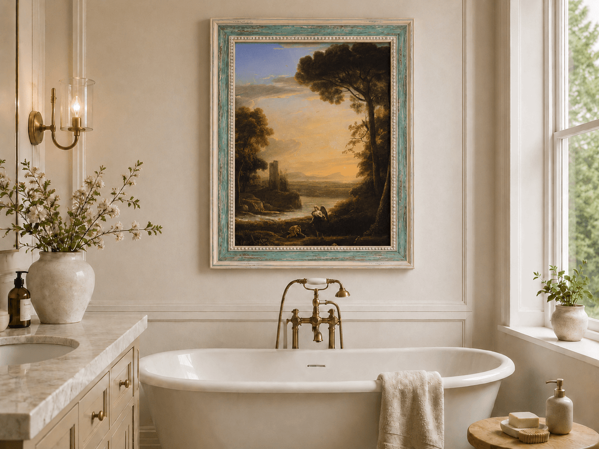 Peinture à l'huile de paysage - Scène de rivière avec figure angélique