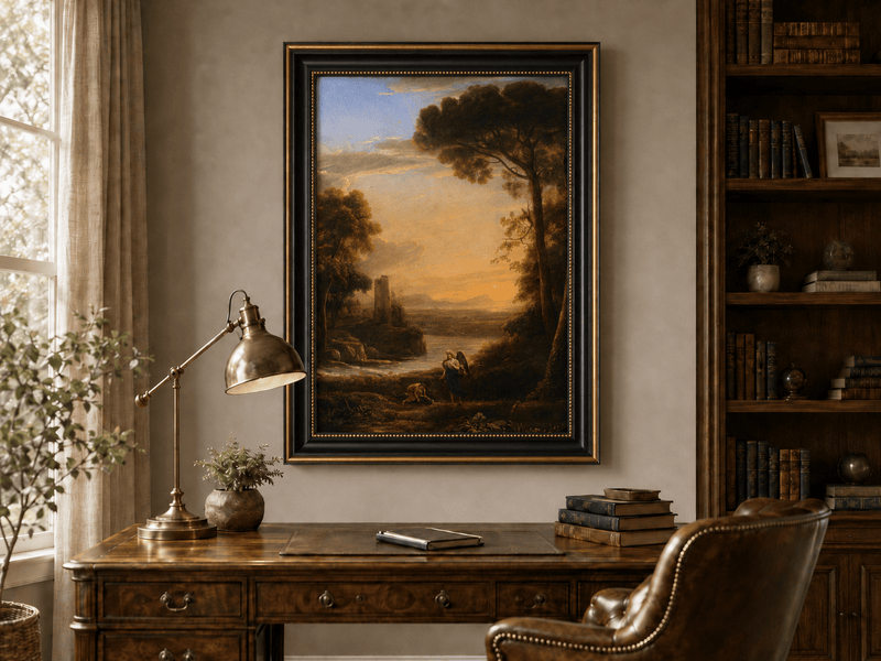 Peinture à l'huile de paysage - Scène de rivière avec figure angélique