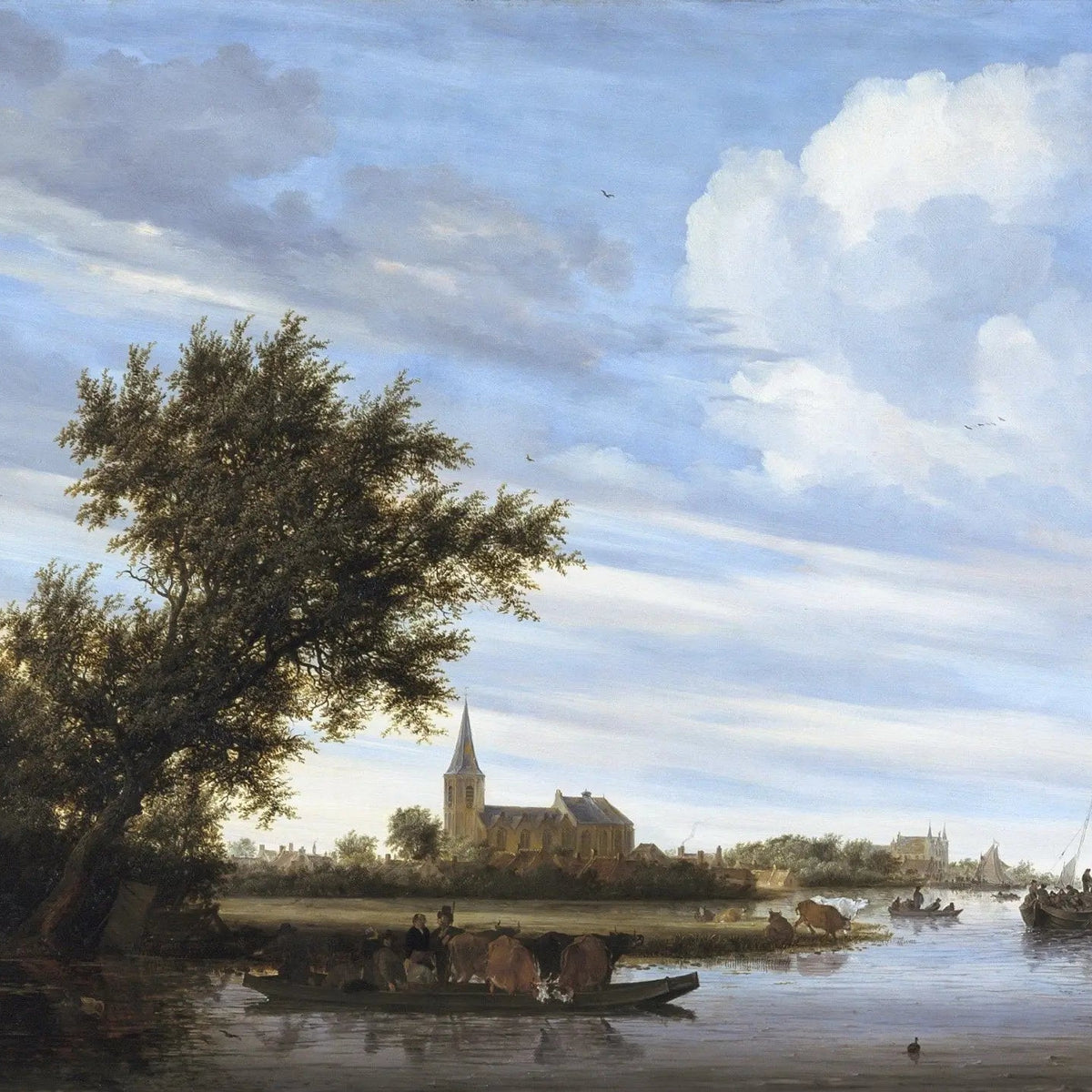 Landscape Oil Painting - River Scene with Boats, Cattle and Church View - Oil Painting Haven