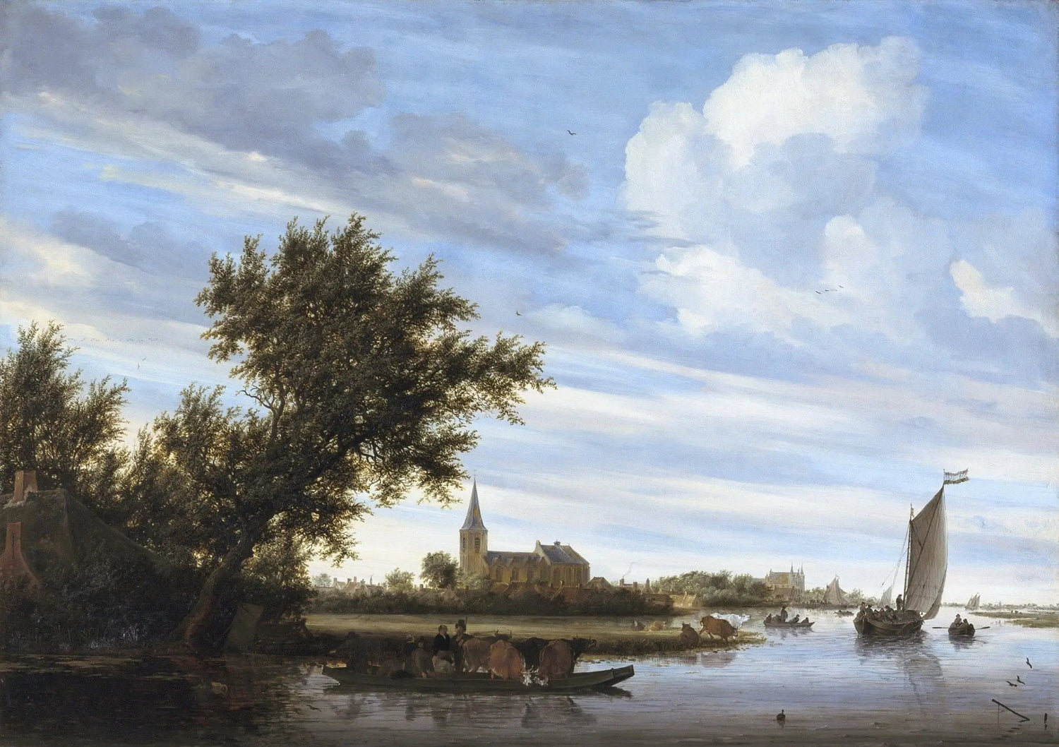 Landscape Oil Painting - River Scene with Boats, Cattle and Church View - Oil Painting Haven
