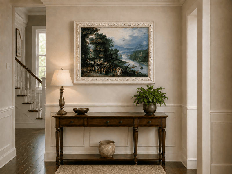 Landscape Oil Painting - River Scene with Crowd & Boats