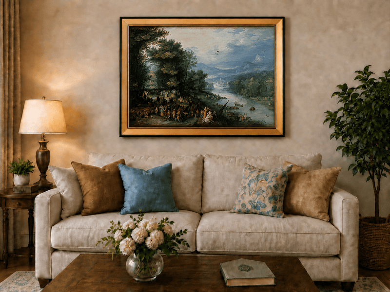 Landscape Oil Painting - River Scene with Crowd & Boats