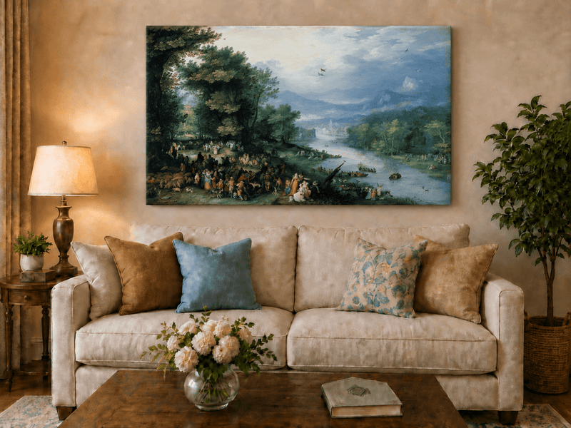 Landscape Oil Painting - River Scene with Crowd & Boats