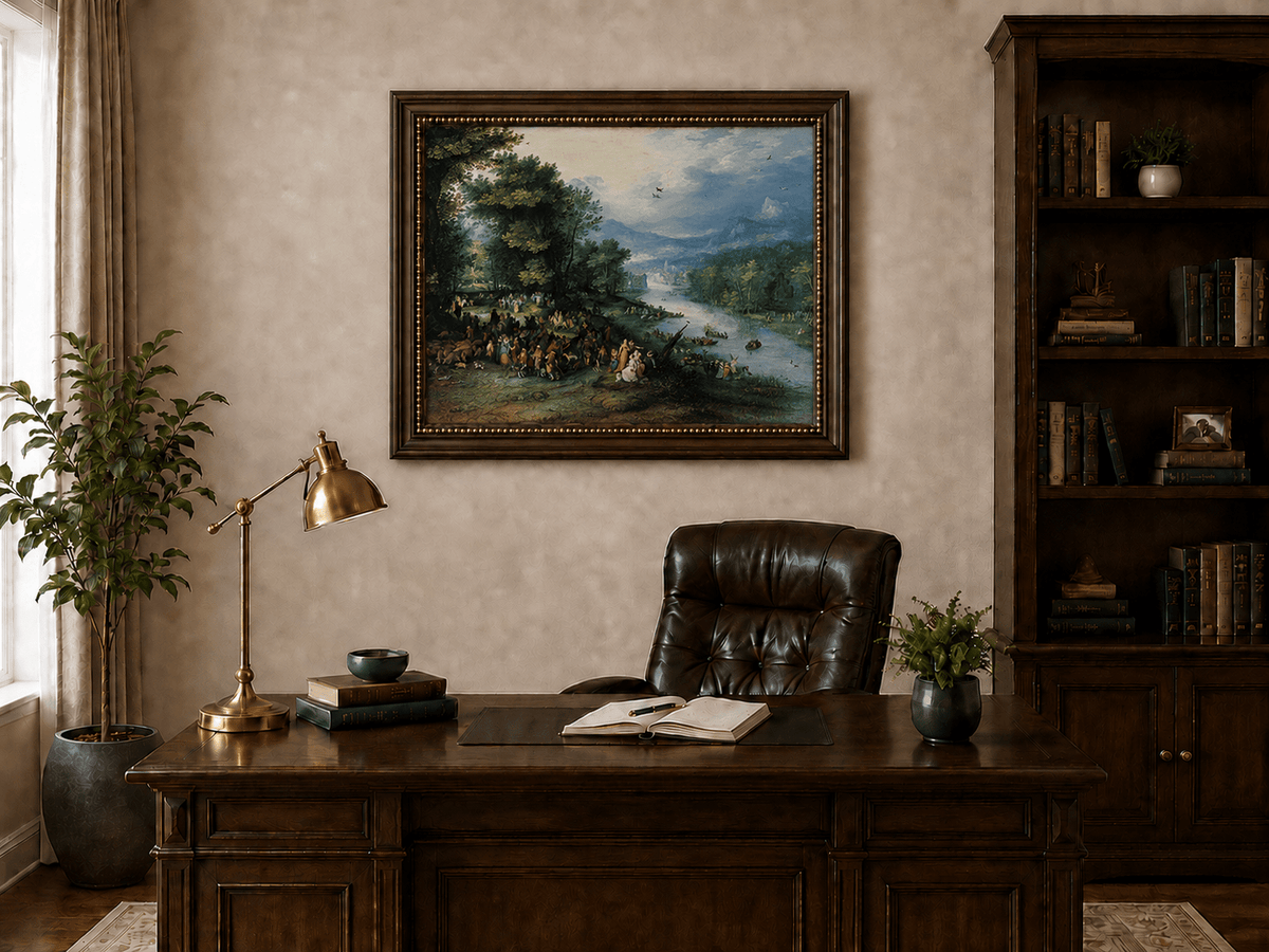 Landscape Oil Painting - River Scene with Crowd & Boats