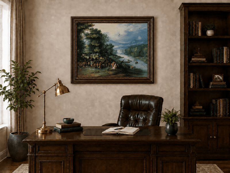 Landscape Oil Painting - River Scene with Crowd & Boats