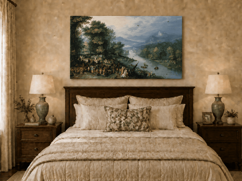 Landscape Oil Painting - River Scene with Crowd & Boats