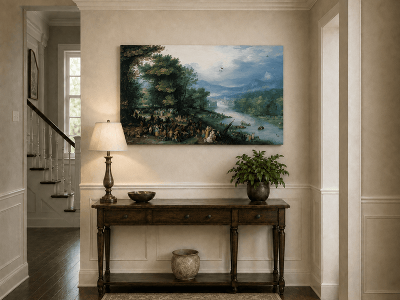 Landscape Oil Painting - River Scene with Crowd & Boats