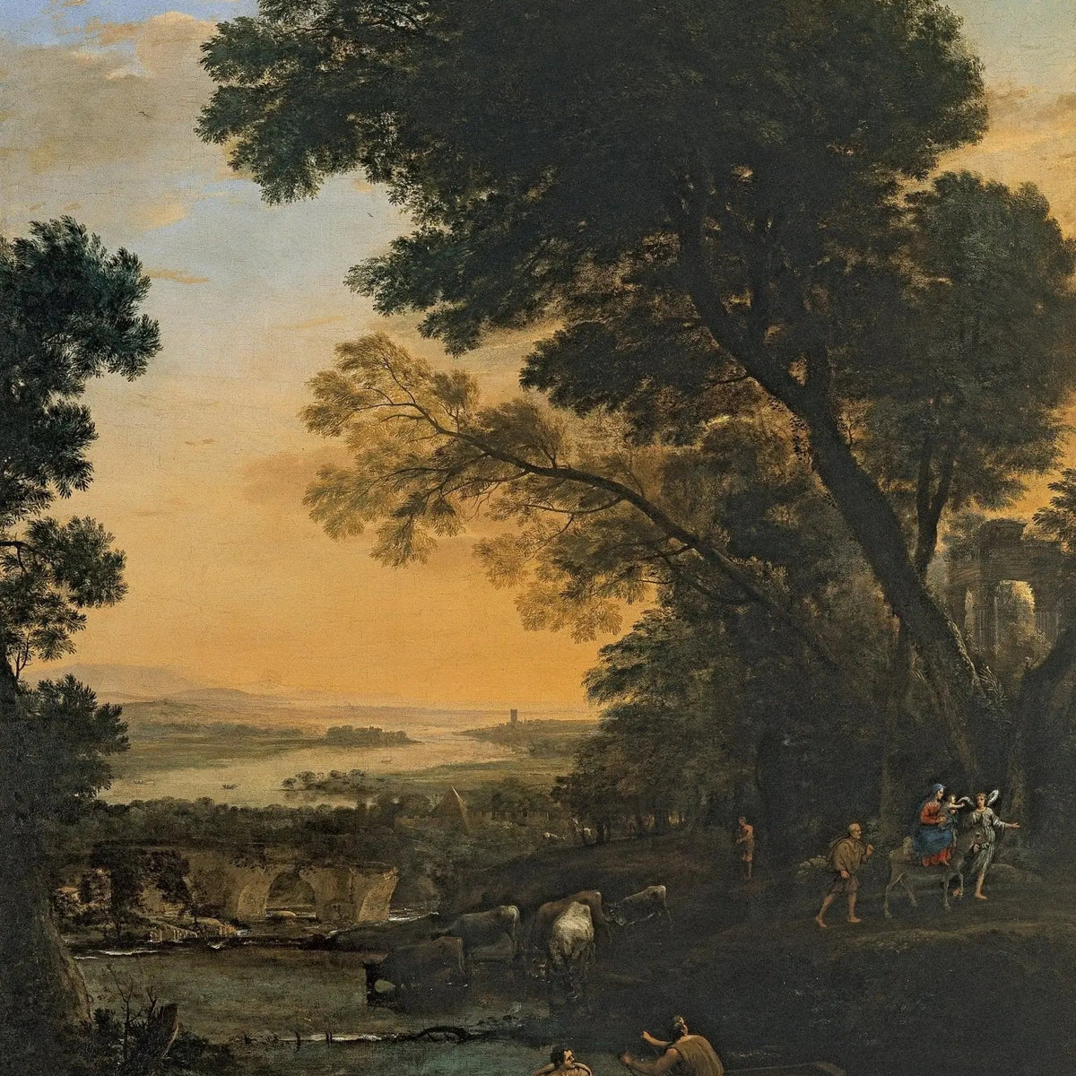 Landscape Oil Painting - River Scene with Figures and Cattle Wall Art - Oil Painting Haven