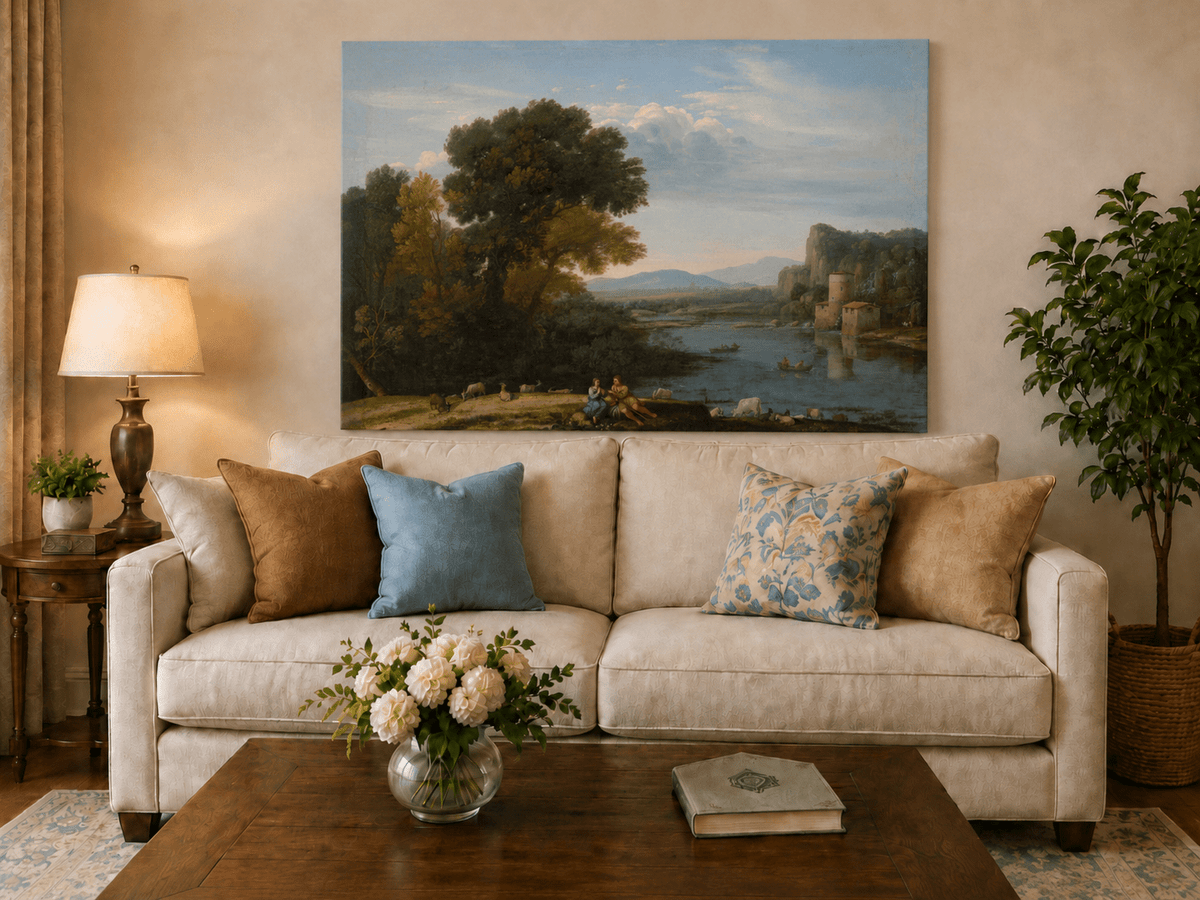 Landscape Oil Painting - River Scene with Figures & Animals