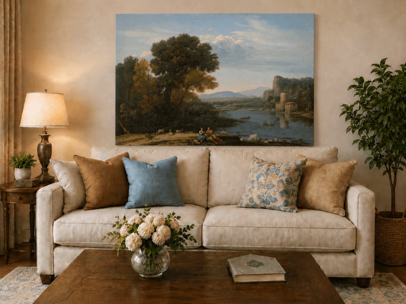 Landscape Oil Painting - River Scene with Figures & Animals