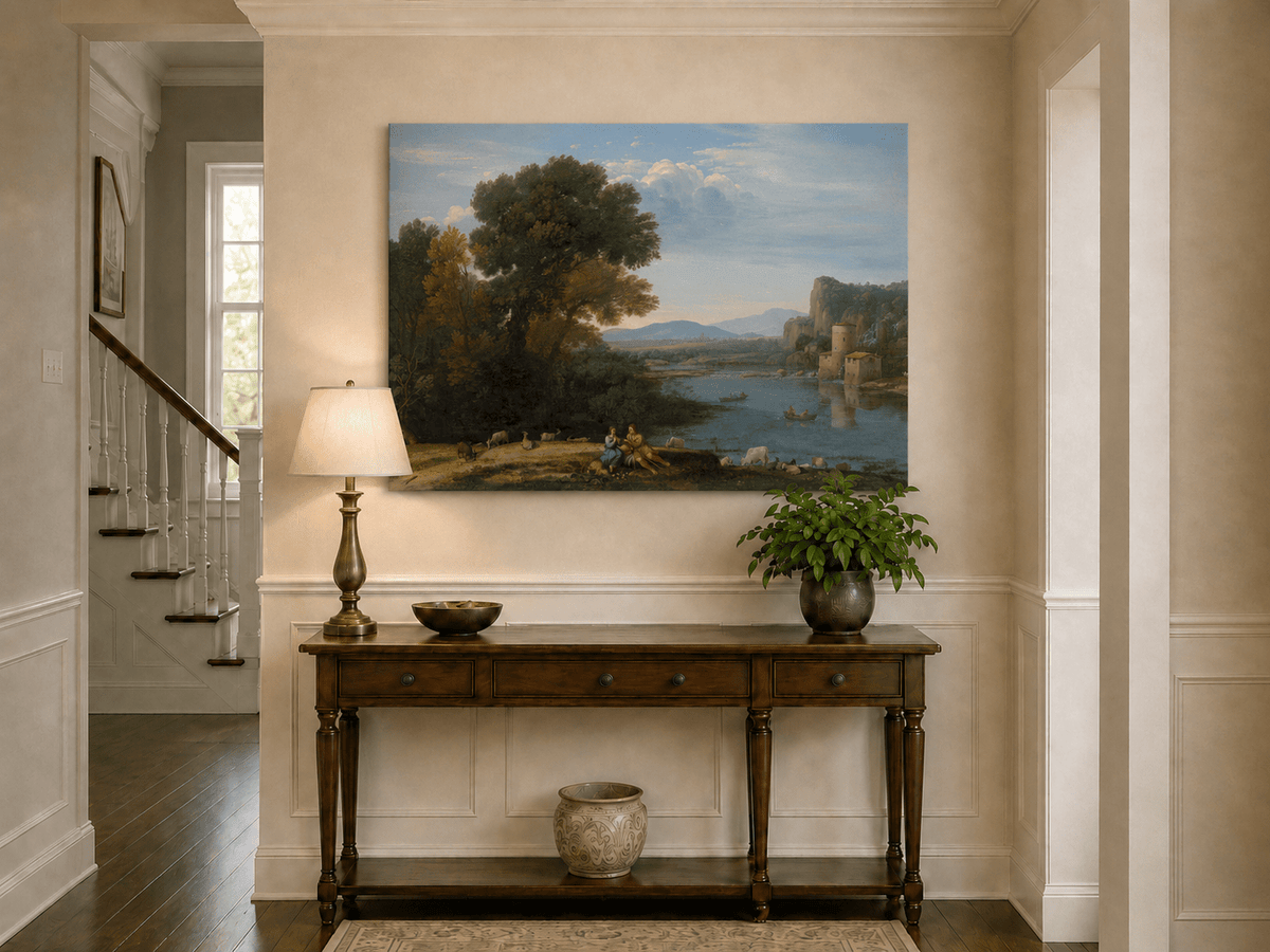 Landscape Oil Painting - River Scene with Figures & Animals