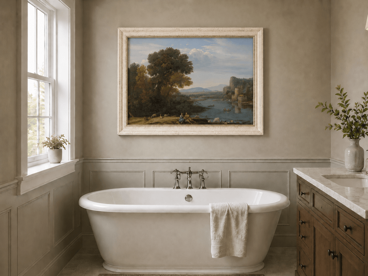 Landscape Oil Painting - River Scene with Figures & Animals