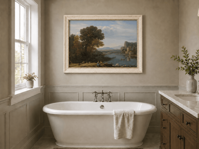 Landscape Oil Painting - River Scene with Figures & Animals